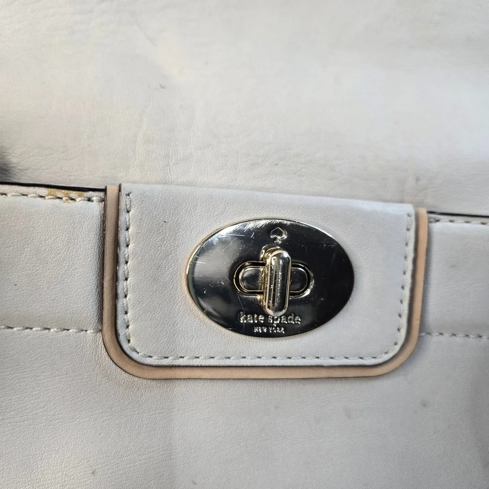 vintage Kate Spade NY White Leather Tote Bag Turn Lock Pocket Striped Lining